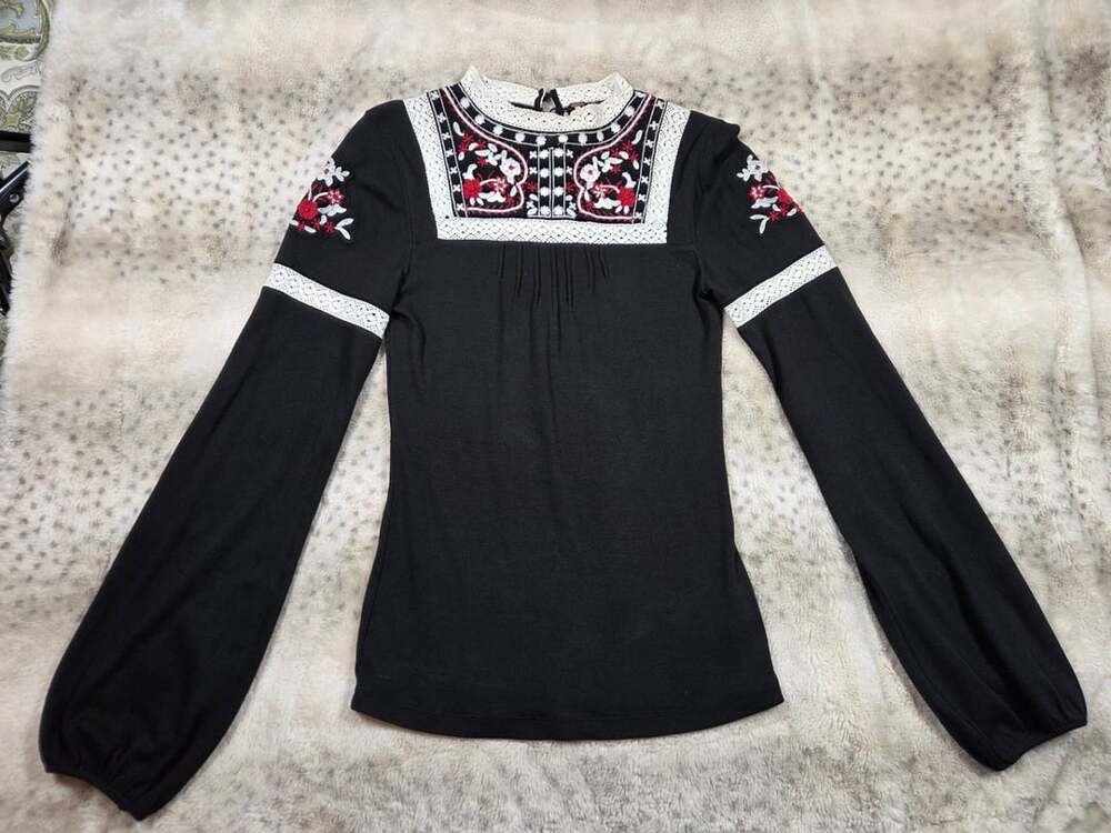 Free People Black Embroidered Crochet Lace Boho Peasant Top M
